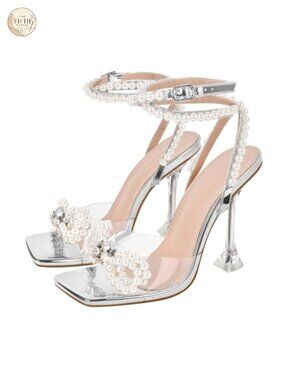 Square Toe Clear Stiletto Heels Rhinestone Bow Ankle Strap Sandals